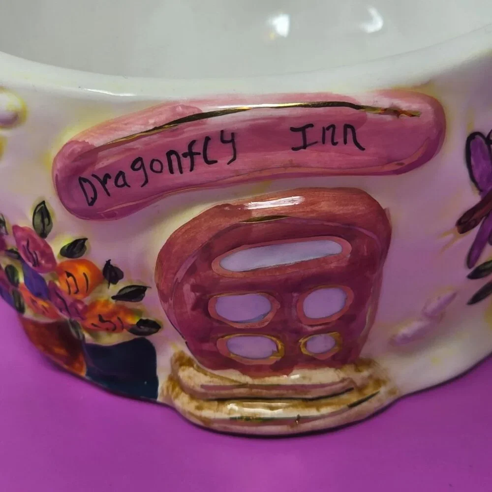 vintage Hand-Painted Ceramic Cottage Style Dragonfly Teapot &‎ Cup Set With Lid